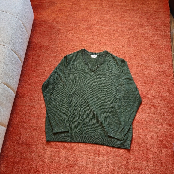 LL Bean Men's Size XL Pullover Sweater Green 100% Merino Wool V Neck Sweater - Picture 2 of 10